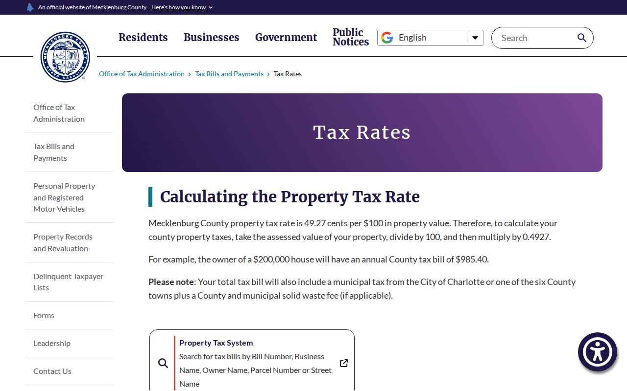 Charlotte street directory Tax Administration bill search fields